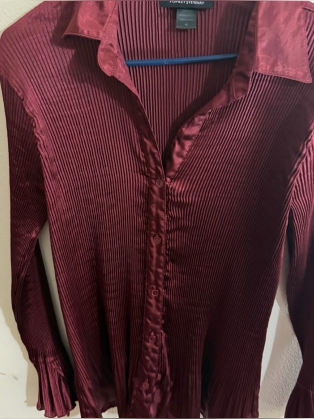 Ashley Stewart Size 16 Burgundy Satin Ribbed Button-Up Blouse